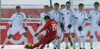 Cú đá phạt trực tiếp của Quang Hải gỡ hòa 1-1 trong trận chung kết U23 Á Châu 2018. Ảnh: Internet