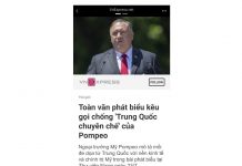 Bài diễn văn của Ngoại Trưởng Mike Pompeo đăng trên VNExpress.net trước khi bị lấy xuống. Ảnh: Báo Người Việt chụp từ iPhone