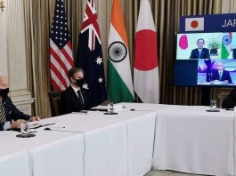 Ảnh minh họa: Tổng thống Mỹ Joe Biden trong cuộc họp Bộ Tứ QUAD trực tuyến với Thủ tướng Nhật Bản Yoshihide Suga, Thủ tướng Ấn Độ Narendra Modi và Thủ tướng Úc Scott Morrison hồi tháng 3/2021. (AFP - OLIVIER DOULIERY)